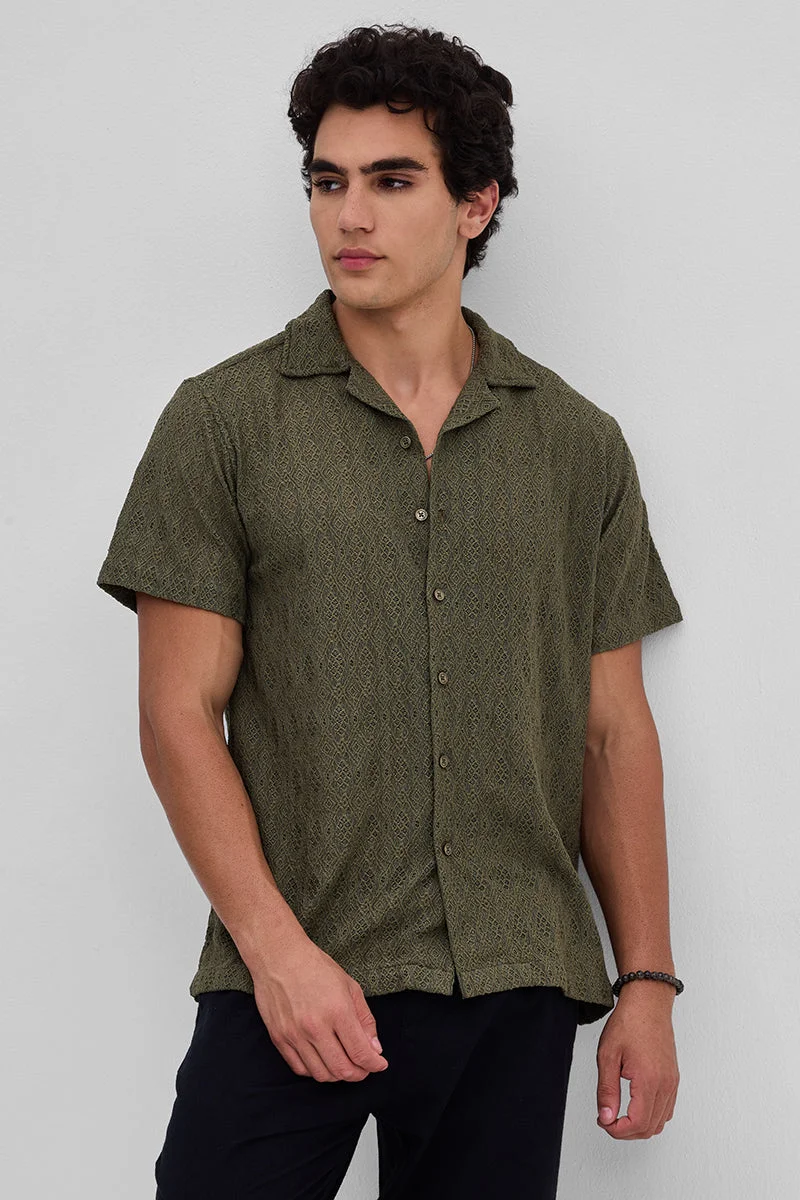 SNITCH Olive Self-Design Crochet Shirt